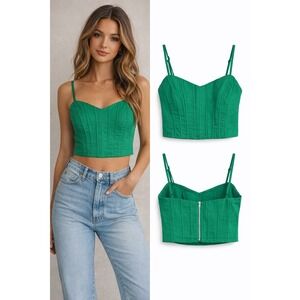 AQUA Womens Green Linen Blend Corset Crop Top Sweetheart Neck Cami Small